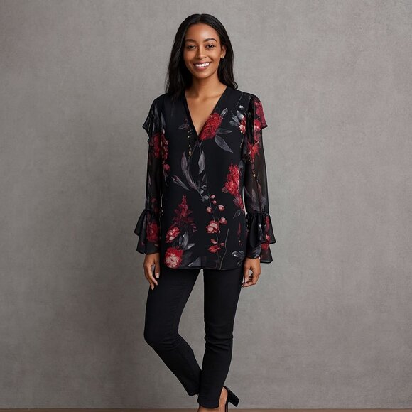 Romantic Sheer Floral Blouse Black Red Long Sleeve Ruffle Top Cottagecore - Picture 4 of 9